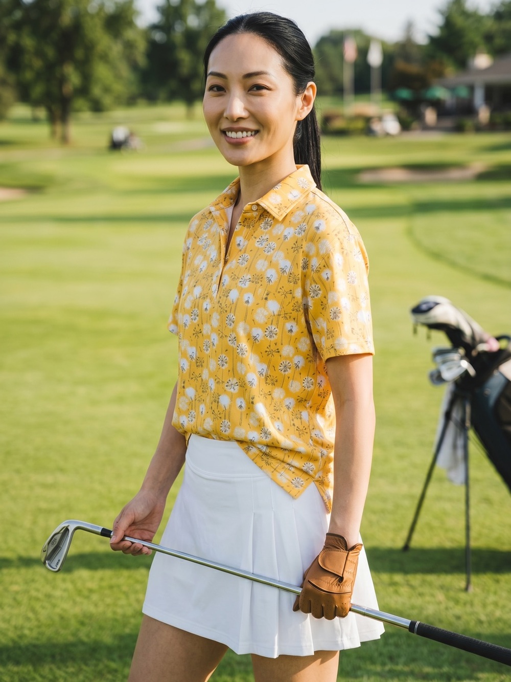 Waggle Women’s XL Yellow Dandelion Print Golf Polo Performance Stretch Shirt